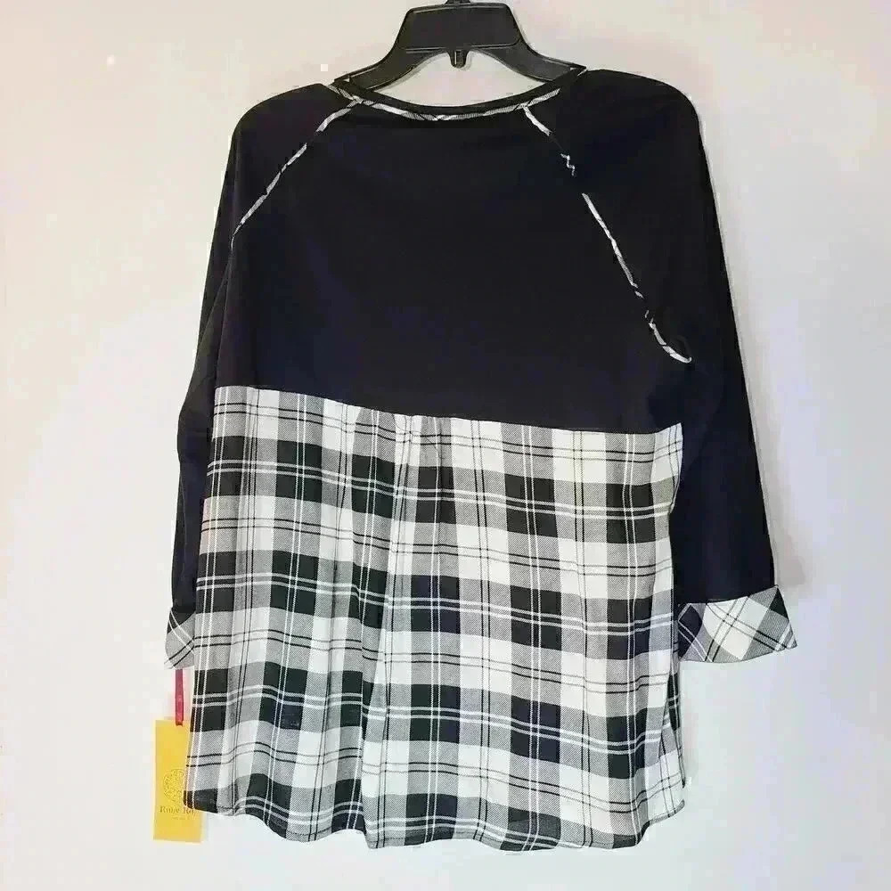 Ruby Rd. NWT Black Plaid 3/4 Sleeve Pullover Top Tunic Sz M - Picture 3 of 6